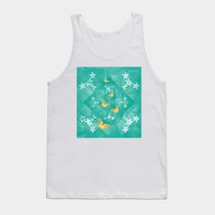 Gold butterflies and silver flowers on a textured teal mandala Tank Top